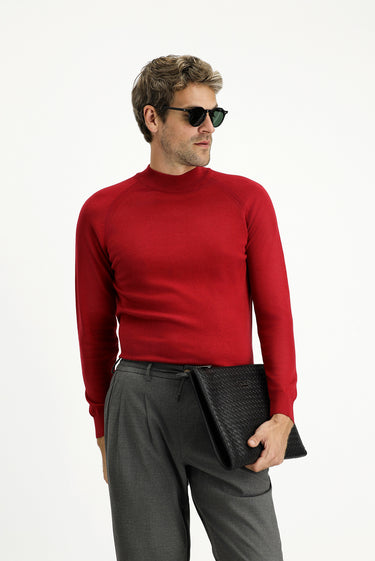 Koyu Kırmızı Yarım Balıkçı Yaka Slim Fit Dar Kesim Pamuklu Triko Kazak