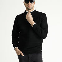 Siyah Yarım Balıkçı Yaka Slim Fit Dar Kesim Desenli Yünlü Triko Kazak