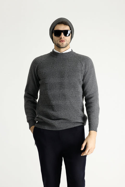 Orta Füme Yarım Balıkçı Yaka Slim Fit Dar Kesim Desenli Yünlü Triko Kazak