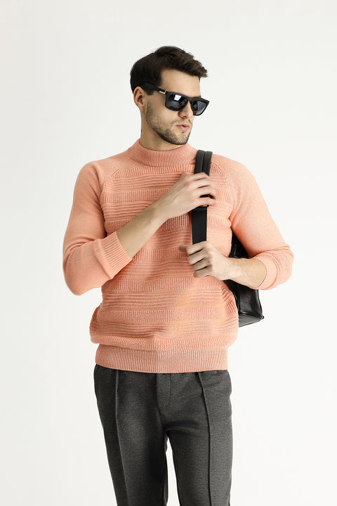 Orta Pembe Yarım Balıkçı Yaka Slim Fit Dar Kesim Desenli Yünlü Triko Kazak