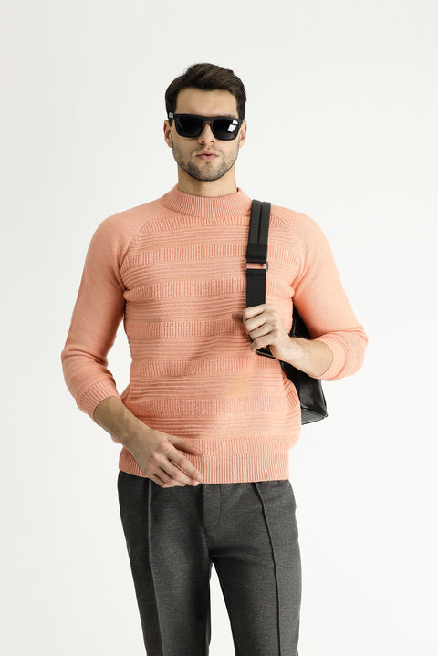 Orta Pembe Yarım Balıkçı Yaka Slim Fit Dar Kesim Desenli Yünlü Triko Kazak