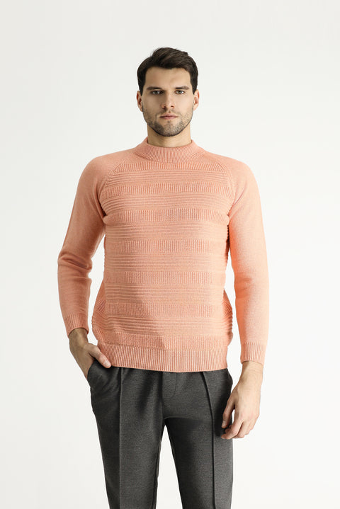 Orta Pembe Yarım Balıkçı Yaka Slim Fit Dar Kesim Desenli Yünlü Triko Kazak