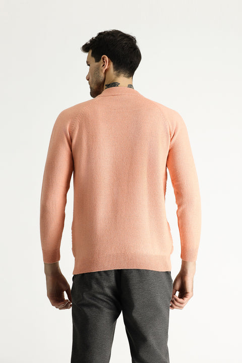 Orta Pembe Yarım Balıkçı Yaka Slim Fit Dar Kesim Desenli Yünlü Triko Kazak