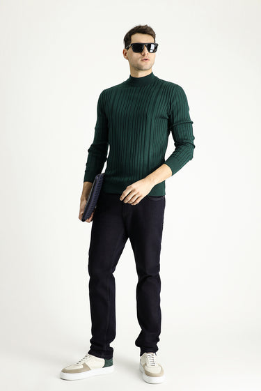 Koyu Petrol Yarım Balıkçı Yaka Slim Fit Dar Kesim Desenli Triko Kazak