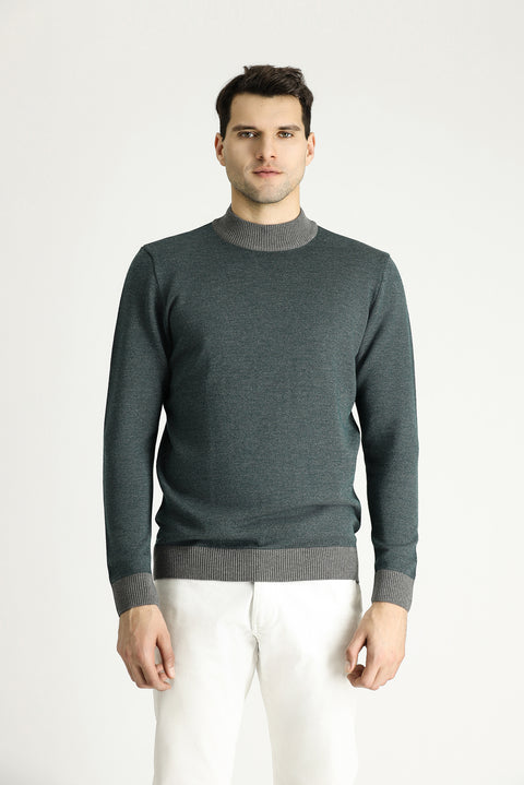 Orta Gri Yarım Balıkçı Yaka Slim Fit Dar Kesim Desenli Triko Kazak