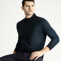 Koyu Lacivert Yarım Balıkçı Yaka Slim Fit Dar Kesim Desenli Triko Kazak