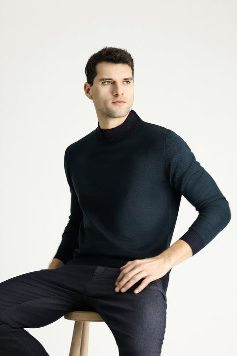 Koyu Lacivert Yarım Balıkçı Yaka Slim Fit Desenli Triko Kazak