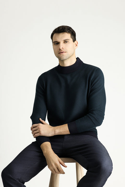 Koyu Lacivert Yarım Balıkçı Yaka Slim Fit Desenli Triko Kazak