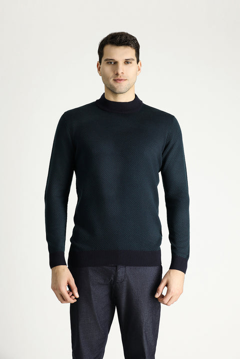 Koyu Lacivert Yarım Balıkçı Yaka Slim Fit Desenli Triko Kazak