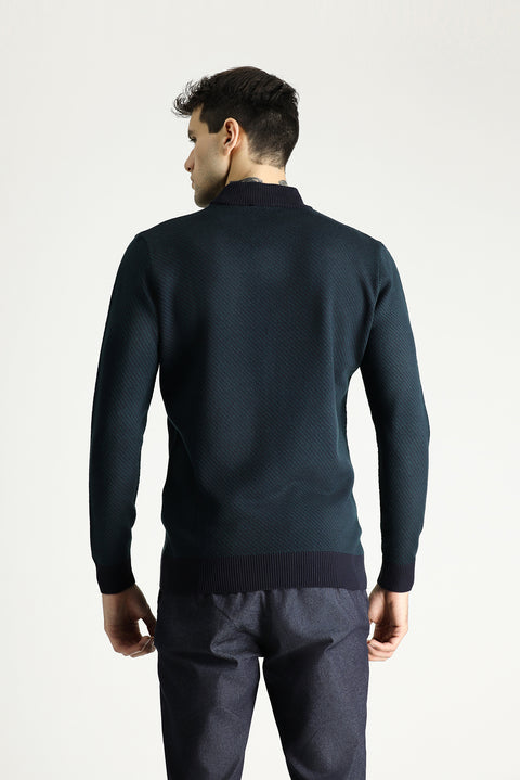 Koyu Lacivert Yarım Balıkçı Yaka Slim Fit Desenli Triko Kazak