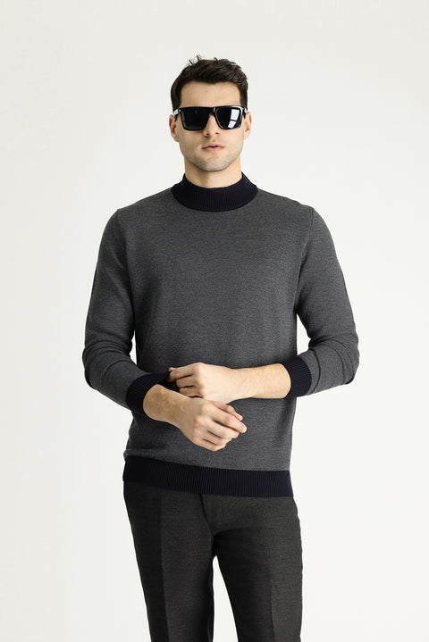 Koyu Lacivert Yarım Balıkçı Yaka Slim Fit Dar Kesim Desenli Triko Kazak