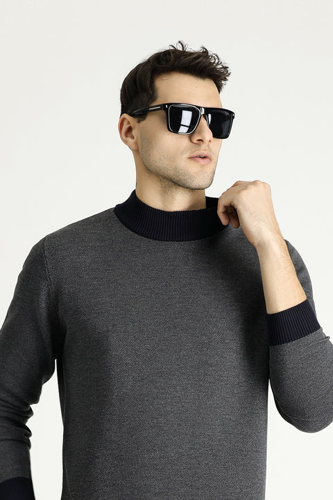 Koyu Lacivert Yarım Balıkçı Yaka Slim Fit Dar Kesim Desenli Triko Kazak