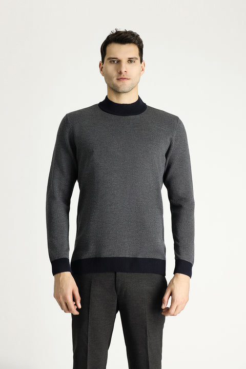 Koyu Lacivert Yarım Balıkçı Yaka Slim Fit Dar Kesim Desenli Triko Kazak