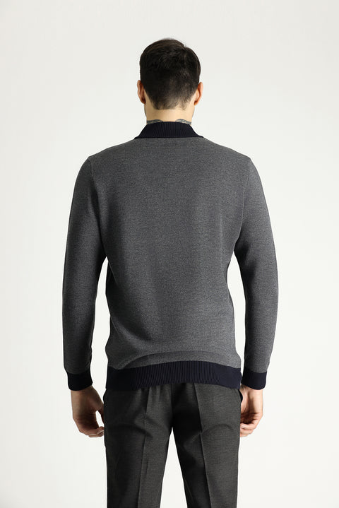 Koyu Lacivert Yarım Balıkçı Yaka Slim Fit Dar Kesim Desenli Triko Kazak