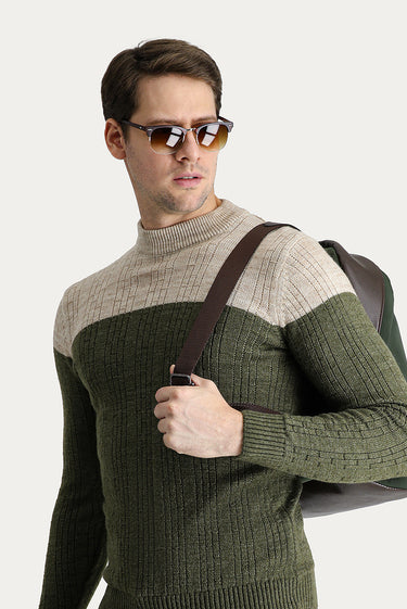 Orta Haki Yarım Balıkçı Yaka Slim Fit Dar Kesim Desenli Triko Kazak