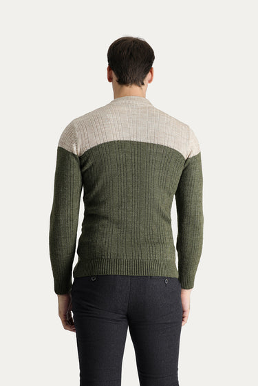 Orta Haki Yarım Balıkçı Yaka Slim Fit Dar Kesim Desenli Triko Kazak