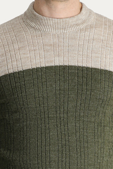 Orta Haki Yarım Balıkçı Yaka Slim Fit Dar Kesim Desenli Triko Kazak