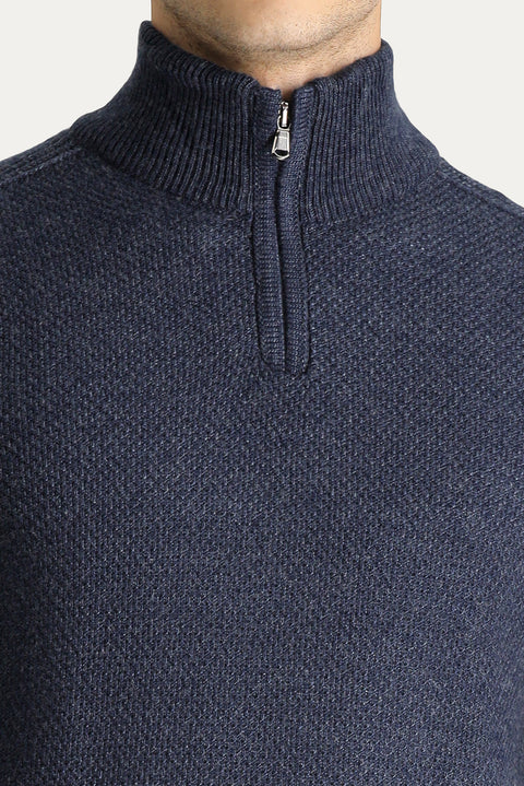 İndigo Yarım Balıkçı Yaka Slim Fit Dar Kesim Fermuarlı Dikişsiz Triko Kazak