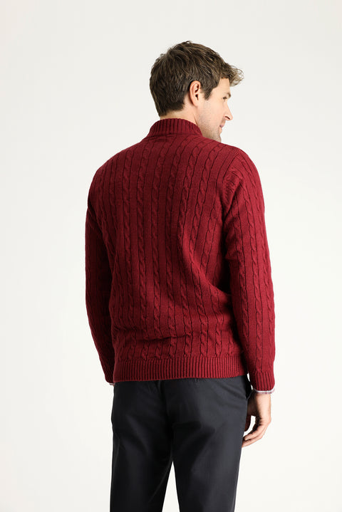 Koyu Bordo Yarım Balıkçı Yaka Regular Fit Desenli Fermuarlı Triko Kazak