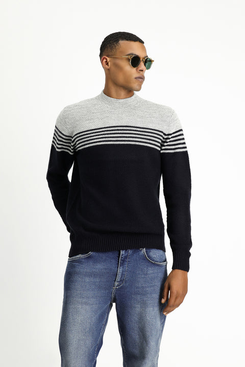 Dark Navy Semi-Turtleneck Regular Fit Seamless Patterned Knit Sweater