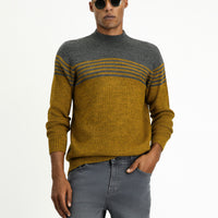 Mustard Half Turtleneck Regular Fit Patterned Knit Sweater