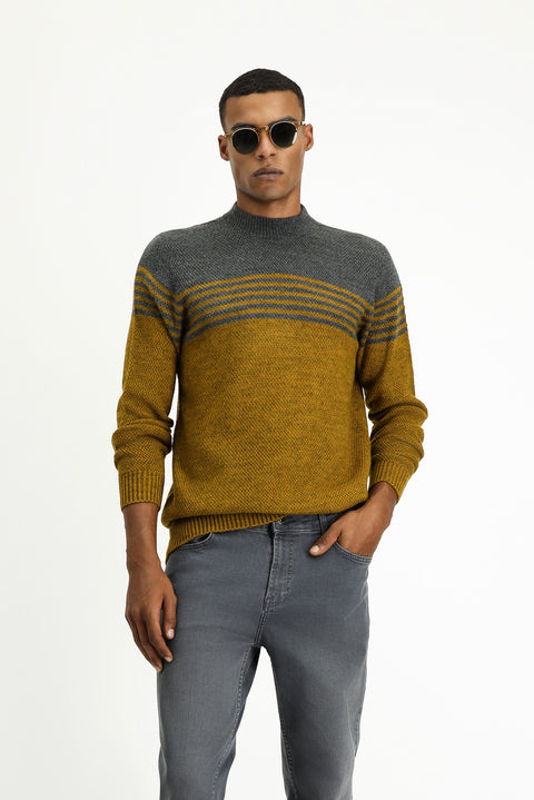 Mustard Half Turtleneck Regular Fit Patterned Knit Sweater