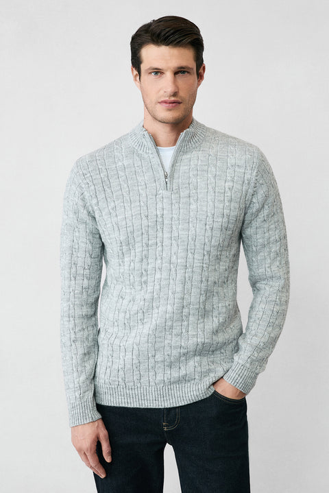 Light Grey Melange Half Turtleneck Zip-Up Regular Fit Patterned Knit Sweater