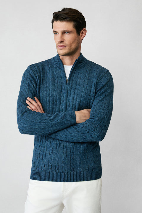 Indigo Half Turtleneck Zip-Up Regular Fit Patterned Knit Sweater