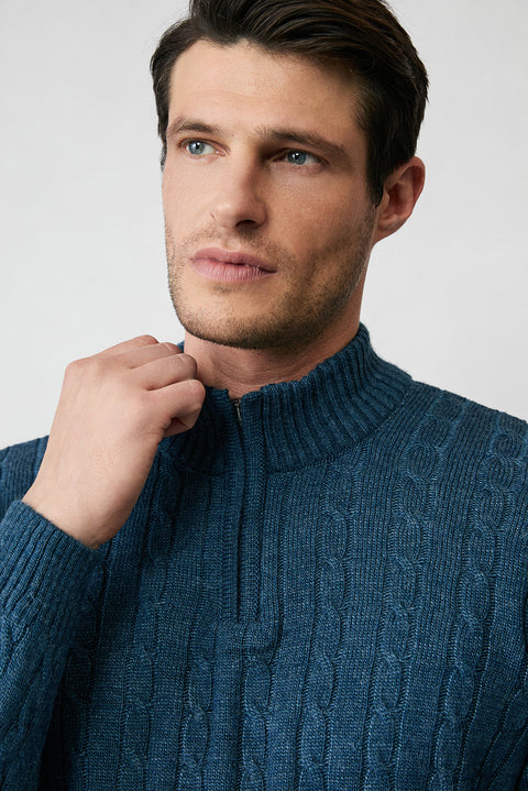 Indigo Half Turtleneck Zip-Up Regular Fit Patterned Knit Sweater