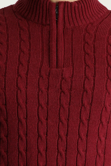 Koyu Bordo Yarım Balıkçı Yaka Regular Fit Fermuarlı Desenli Triko Kazak