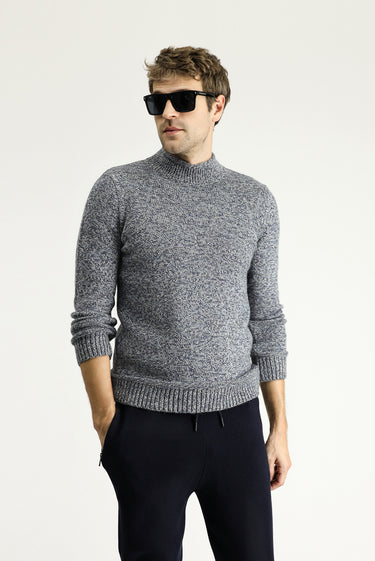 Orta Lacivert Yarım Balıkçı Yaka Slim Fit Dar Kesim Desenli Alpaka Yünlü Triko Kazak