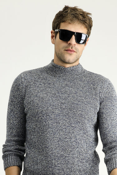 Orta Lacivert Yarım Balıkçı Yaka Slim Fit Dar Kesim Desenli Alpaka Yünlü Triko Kazak