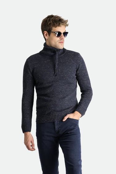 Koyu Lacivert Balıkçı Yaka Slim Fit Dar Kesim Desenli Yünlü Triko Kazak