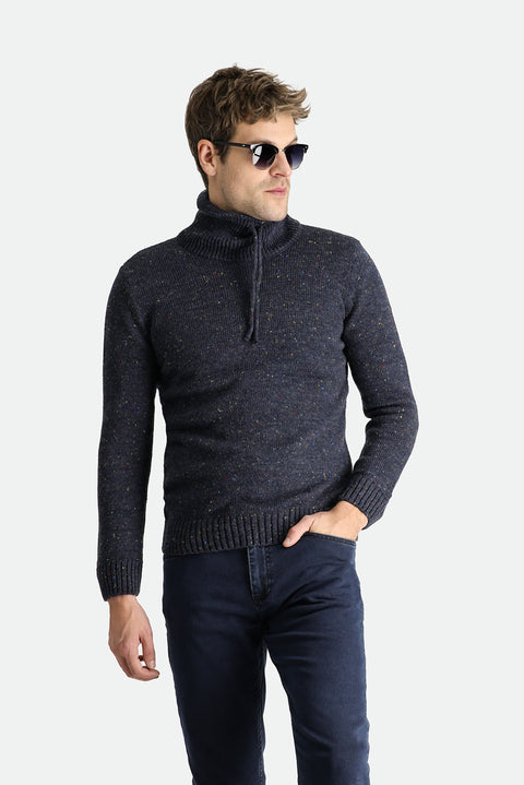 Koyu Lacivert Balıkçı Yaka Slim Fit Dar Kesim Desenli Yünlü Triko Kazak