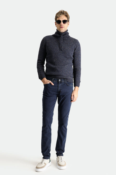 Koyu Lacivert Balıkçı Yaka Slim Fit Dar Kesim Desenli Yünlü Triko Kazak
