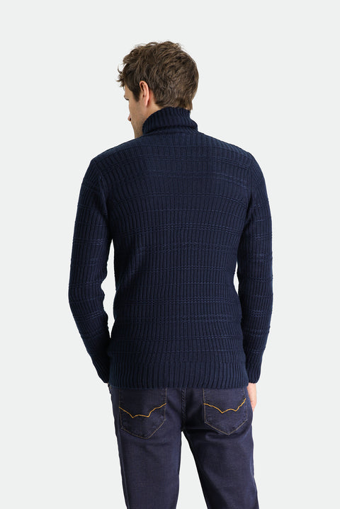 Koyu Lacivert Balıkçı Yaka Slim Fit Dar Kesim Desenli Triko Kazak