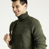 Medium Khaki Turtleneck Slim Fit Narrow Cut Patterned Knit Sweater