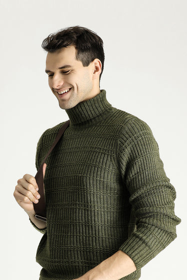Orta Haki Balıkçı Yaka Slim Fit Dar Kesim Desenli Triko Kazak