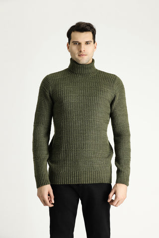 Orta Haki Balıkçı Yaka Slim Fit Dar Kesim Desenli Triko Kazak
