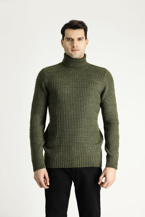 Medium Khaki Turtleneck Slim Fit Narrow Cut Patterned Knit Sweater