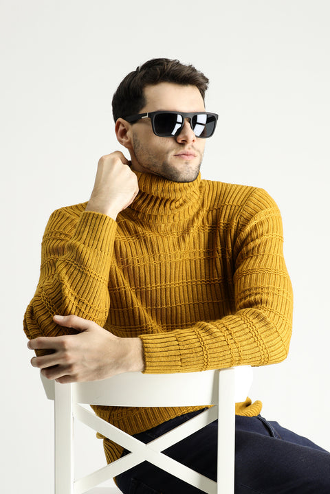 Mustard Yellow Turtleneck Slim Fit Narrow Cut Patterned Knit Sweater