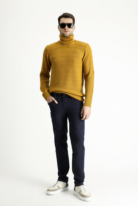 Mustard Yellow Turtleneck Slim Fit Narrow Cut Patterned Knit Sweater