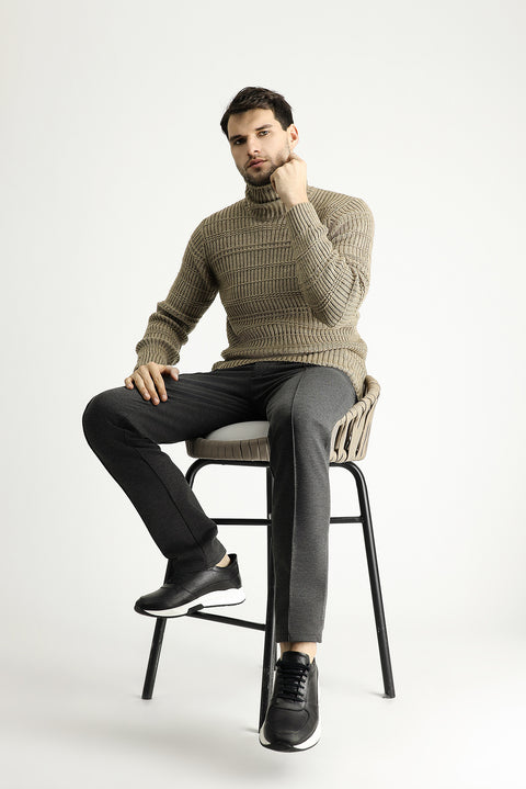 Medium Mink Turtleneck Slim Fit Narrow Cut Patterned Knit Sweater