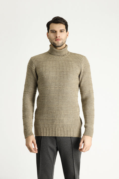 Medium Mink Turtleneck Slim Fit Narrow Cut Patterned Knit Sweater