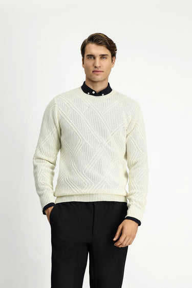 Ekru Bisiklet Yaka Slim Fit Dar Kesim Desenli Yünlü Triko Kazak