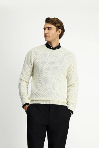 Ekru Bisiklet Yaka Slim Fit Dar Kesim Desenli Yünlü Triko Kazak
