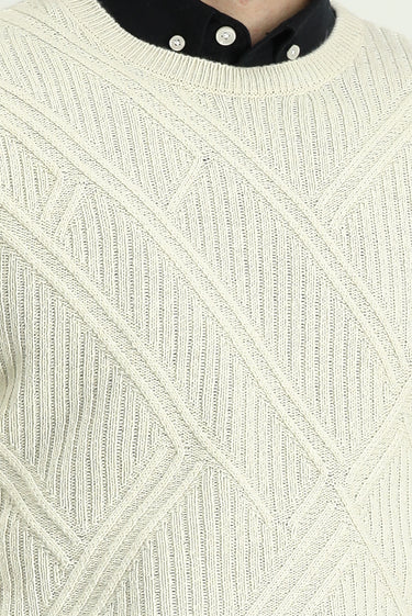 Ekru Bisiklet Yaka Slim Fit Dar Kesim Desenli Yünlü Triko Kazak