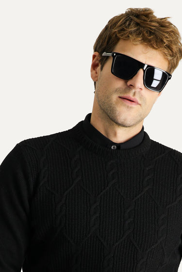Siyah Bisiklet Yaka Slim Fit Dar Kesim Yünlü Desenli Pamuklu Triko Kazak