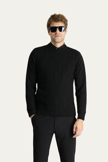 Siyah Bisiklet Yaka Slim Fit Dar Kesim Yünlü Desenli Pamuklu Triko Kazak