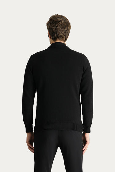 Siyah Bisiklet Yaka Slim Fit Dar Kesim Yünlü Desenli Pamuklu Triko Kazak